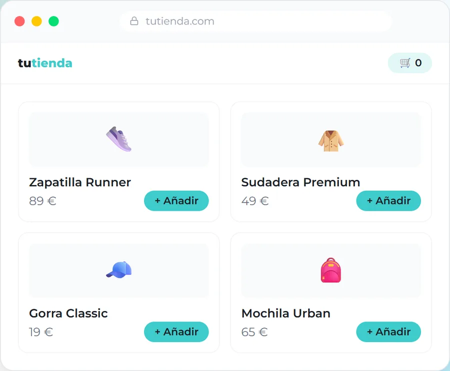 Mockup de tienda online con carrito y productos