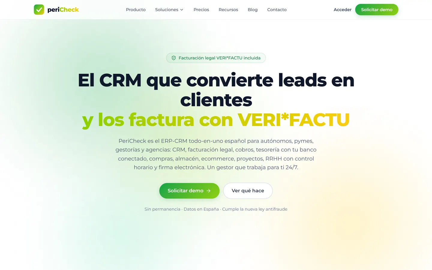 Home de PeriCheck, CRM con facturación VERI*FACTU