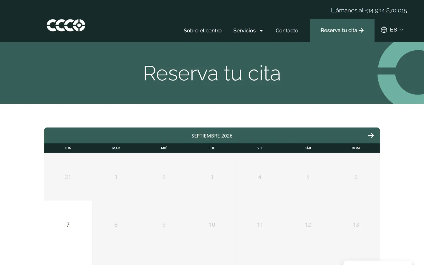 Calendario de reserva de cita online del centro médico