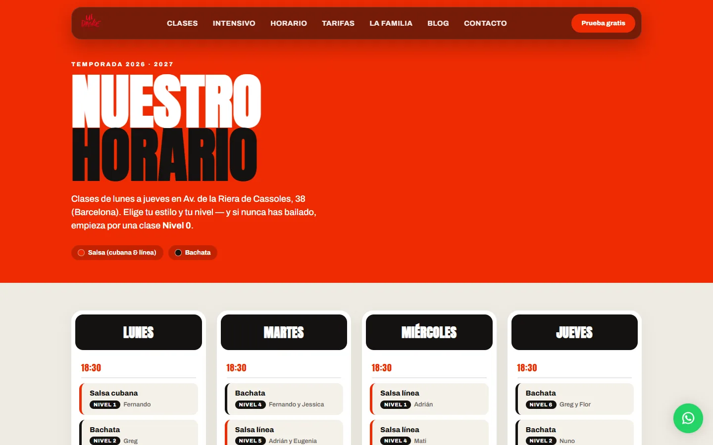 Horario de clases de salsa y bachata de U!DANCE Lesseps