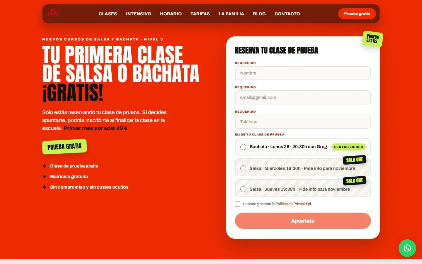 Página de inscripción a la clase de prueba de U!DANCE Lesseps