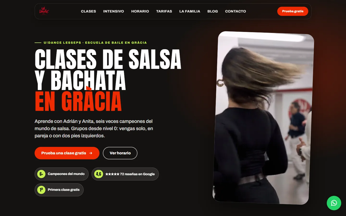Portada de la web de U!DANCE Lesseps, escuela de salsa y bachata en Gràcia