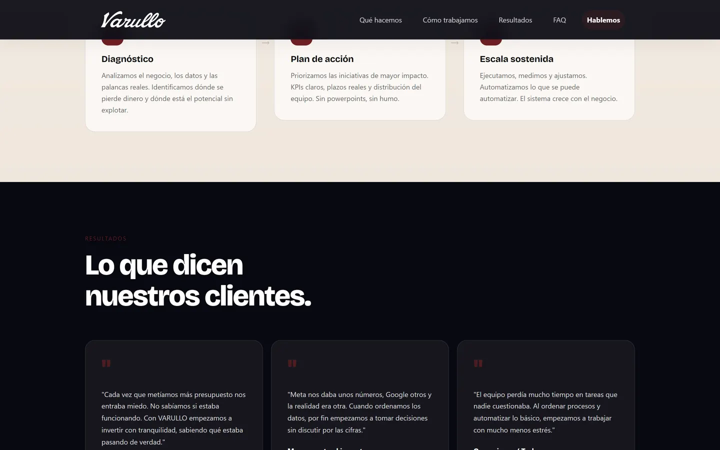 Sección de proceso y testimonios de la web de Varullo