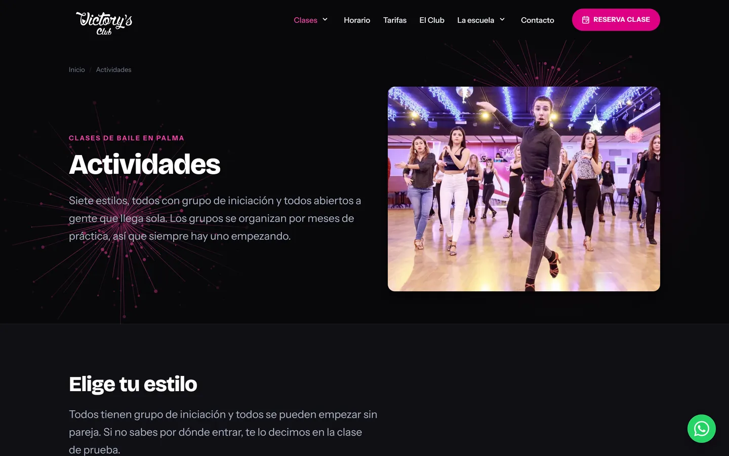 Página de actividades y estilos de baile de Victory's Dance
