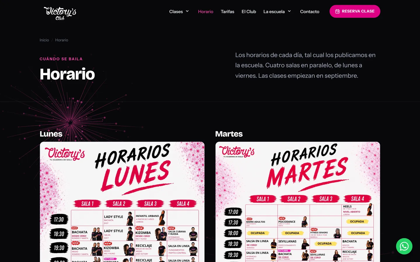 Horario por salas de la escuela de baile Victory's Dance