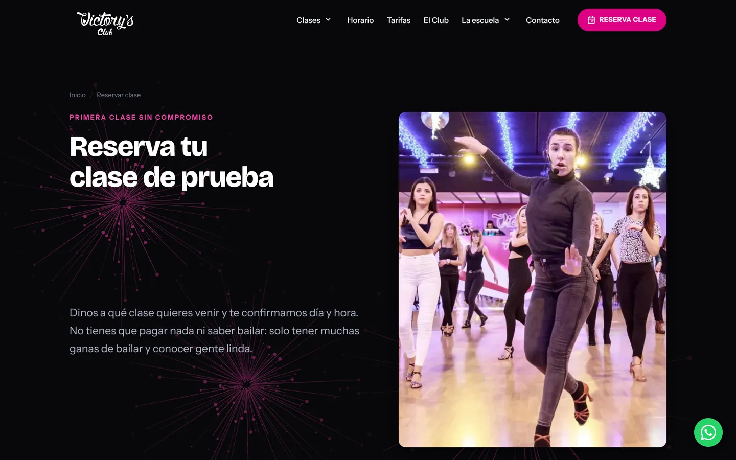 Página de reserva de clase de prueba de Victory's Dance