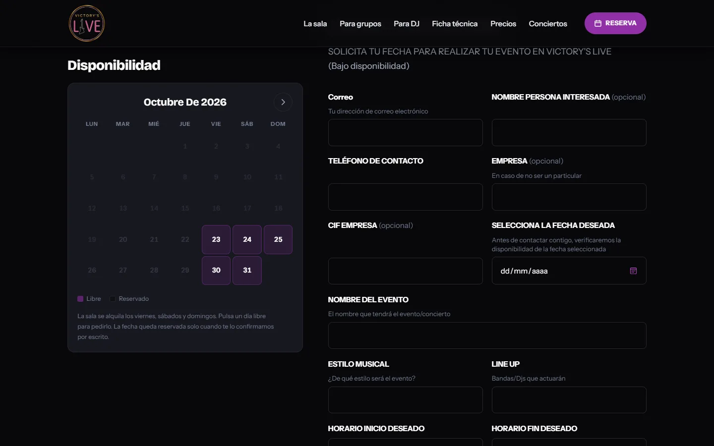 Calendario de disponibilidad y solicitud de reserva de Victory's Live