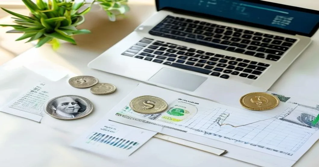 Planificación de presupuesto para campaña de Google Ads con gráficos financieros y portátil sobre escritorio corporativo