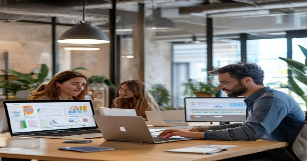 Equipo de una agencia de marketing digital en España trabajando en estrategias de negocio en una oficina moderna