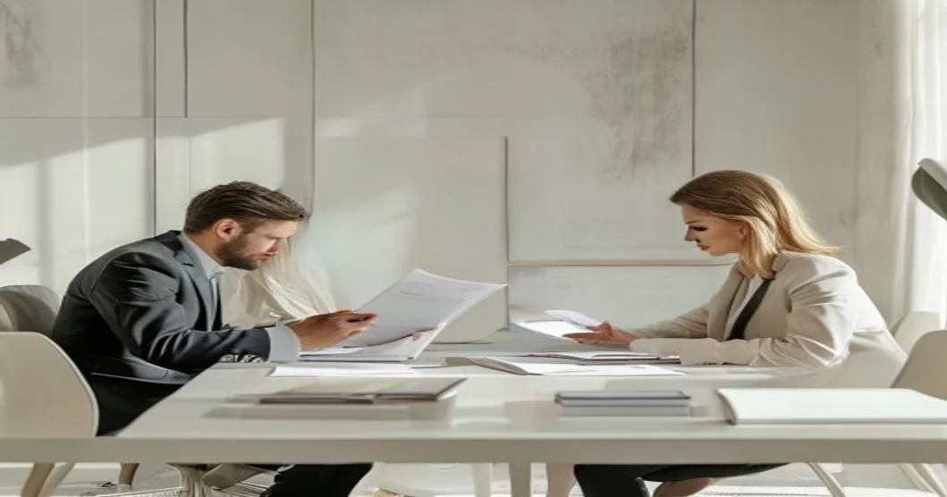 Dos profesionales revisando propuestas en una reunión corporativa para elegir una agencia de marketing digital