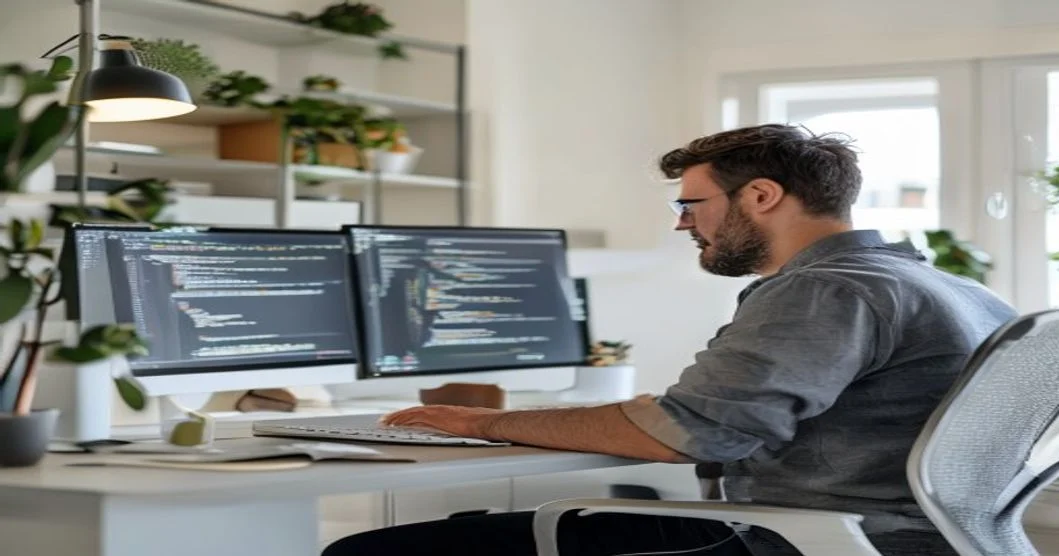 Desarrollador web trabajando en código a medida en un escritorio moderno con iluminación suave y composición corporativa