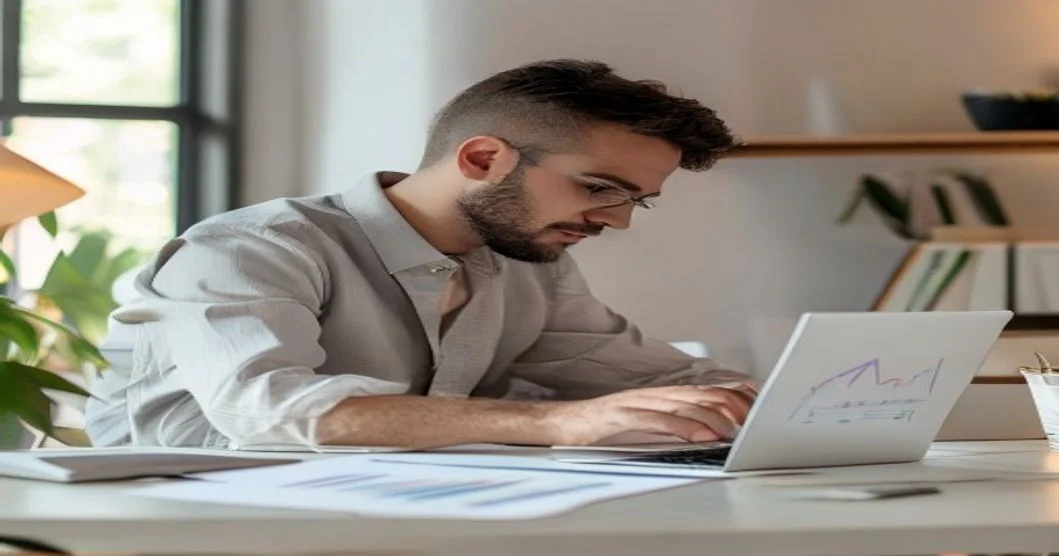 Propietario de pequeña empresa analizando estrategia SEO en portátil con gráficos de crecimiento sobre escritorio moderno