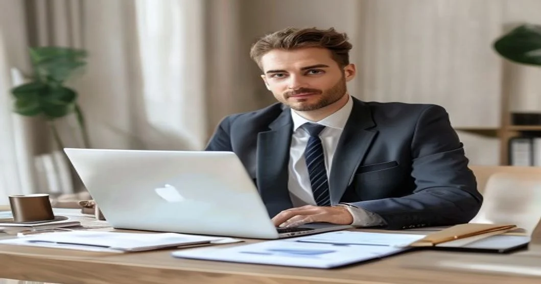 Abogado profesional trabajando en marketing digital con laptop y documentos legales sobre escritorio moderno