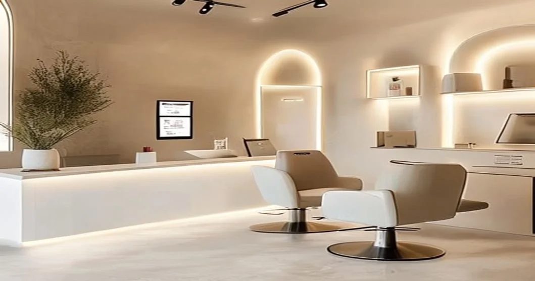 Peluquería moderna con diseño minimalista y tablet de reservas online sobre el mostrador, iluminación suave y ambiente profesional